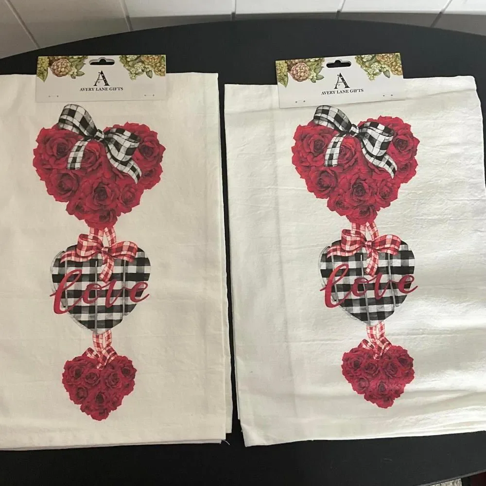 New Lot of 2 White Printed 100% Cotton Premium Tea Towels Hearts Love V Day